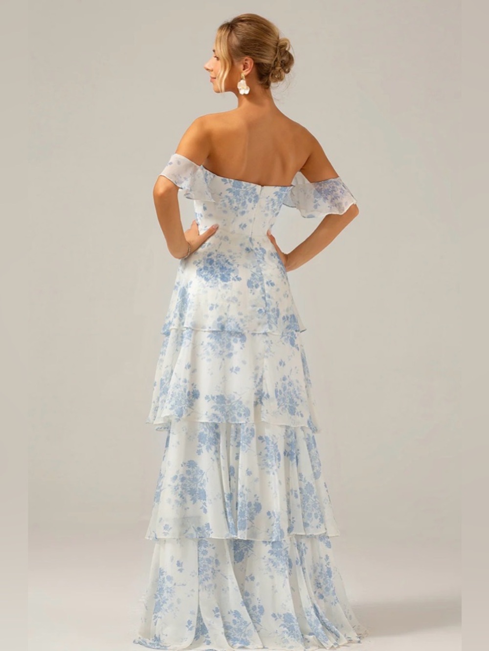 White Blue Floral Boho Chiffon Ruffled Long Dress -Bridesmaid Garden Party Derby - Picture 2 of 2